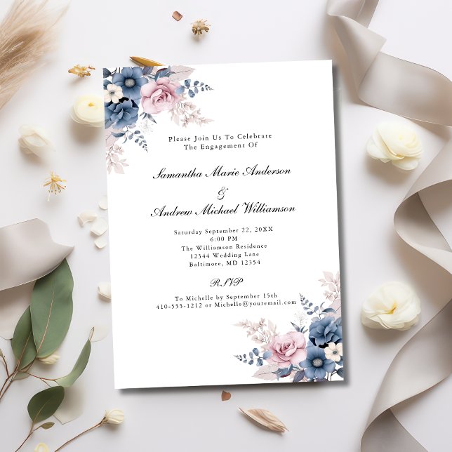 Dusty Blue Blush Pink Botanische Verlobung Einladung (Dusty Blue Blush Pink Floral Elegant Formal Engagement party invitation)