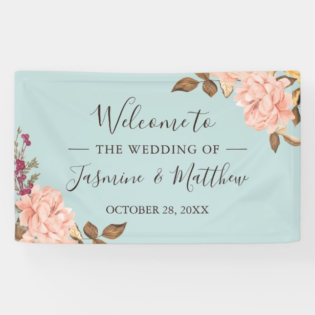 Dusty Blue Blush Pink Elegante Hochzeitsfeier Banner (Horizontal)