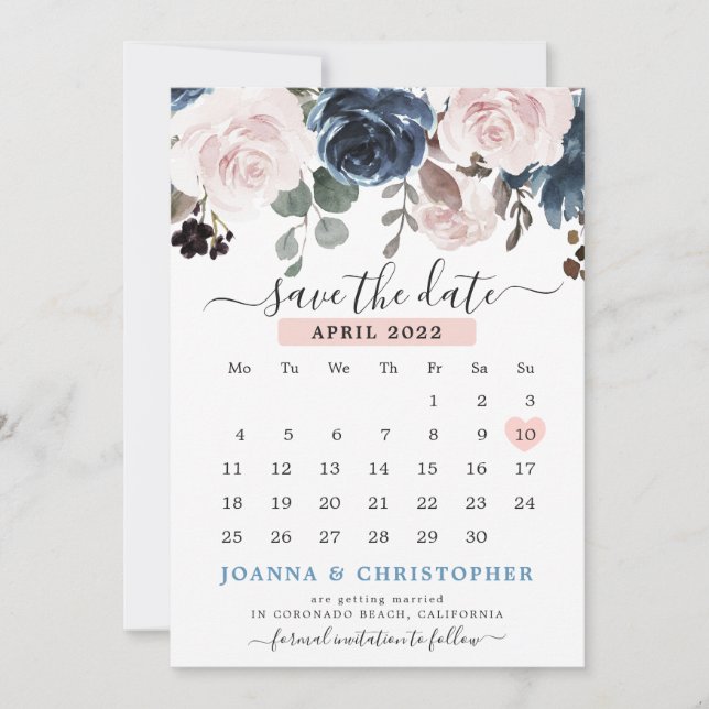 Dusty Blue Blush Pink Floral Botanischer Hochzeits Save The Date (Vorderseite)