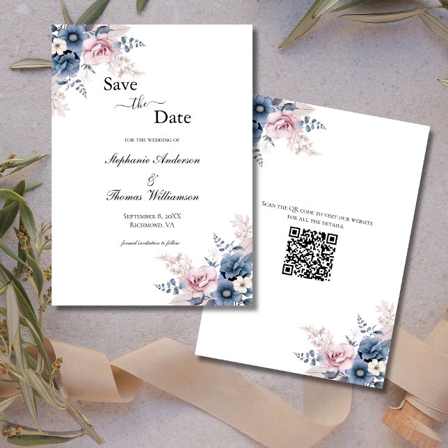 Dusty Blue Blush Pink Floral Eleganter QR-Code Save The Date (Dusty Blue Pink blush floral watercolor Elegant QR code wedding save the date )