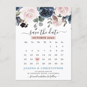 Dusty Blue Blush Pink Floral Save the Date Ankündigungspostkarte