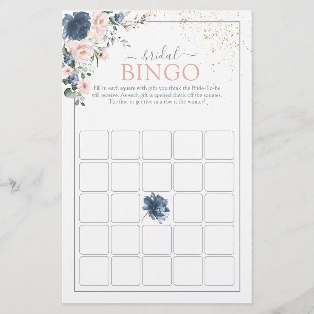 Dusty Blue Blush Pink Gold Bridal Bingo Spiel (Vorderseite)