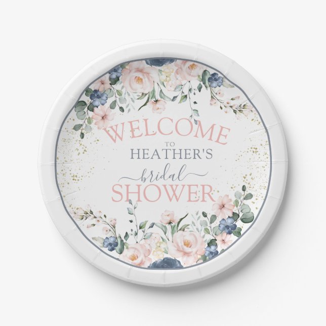 Dusty Blue Blush Pink Gold Floral Brautparty Pappteller (Vorderseite)