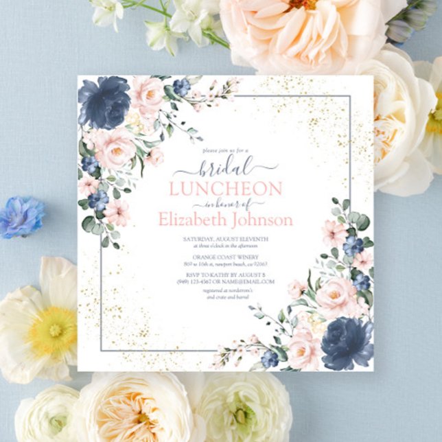 Dusty Blue Blush Pink Gold Floral Bridal Luncheon Einladung (Von Creator hochgeladen)