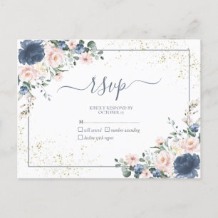 Dusty Blue Blush Pink Gold Floral No Menu UAWG Einladungspostkarte