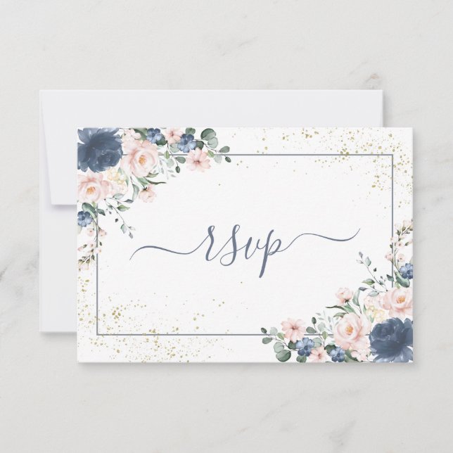 Dusty Blue Blush Pink Gold Floral No Menu UAWG RSVP Karte (Vorderseite)