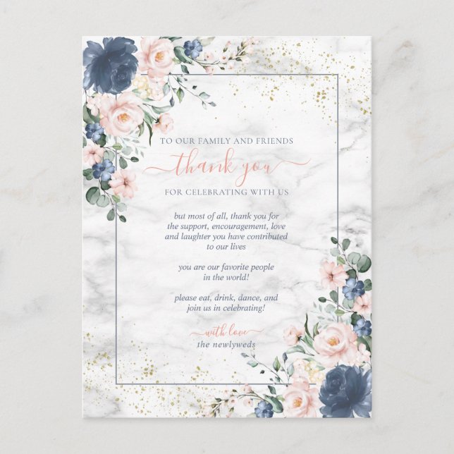 Dusty Blue Blush Pink Gold Floral Wedding Danke Postkarte (Vorderseite)