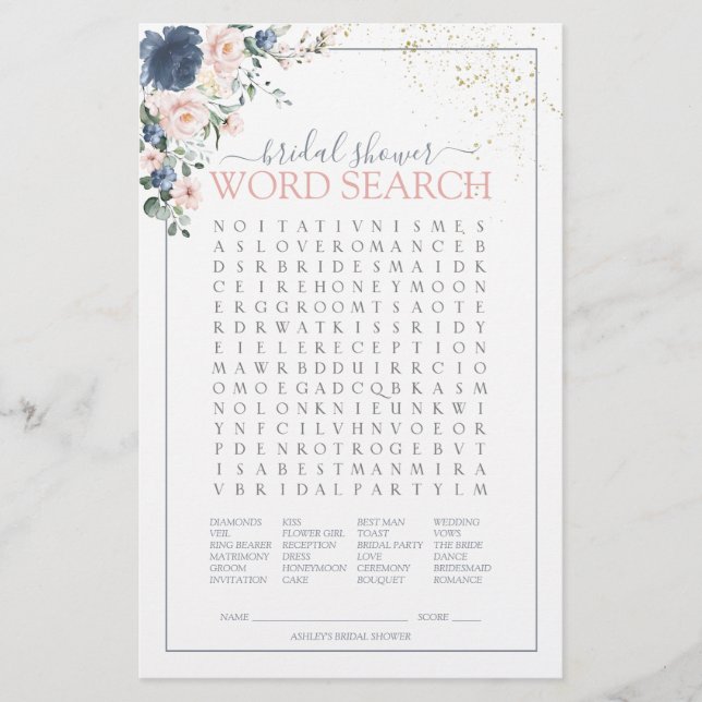 Dusty Blue Blush Pink Gold Word Search Game (Vorderseite)