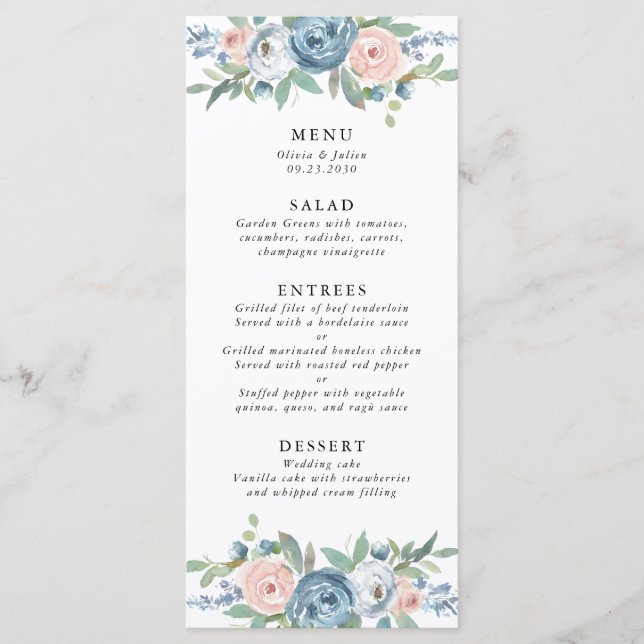 Dusty Blue & Blush Rose Wedding Menu Menükarte (Vorderseite)
