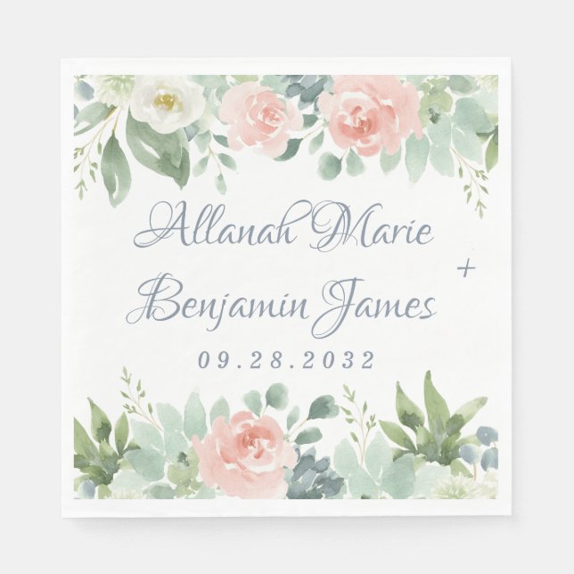 Dusty Blue Blush Sukkulent Blumengarten Hochzeit Serviette (Vorderseite)