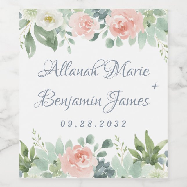 Dusty Blue Blush Sukkulent Blumengarten Hochzeit Weinetikett (Einzelnes Label)