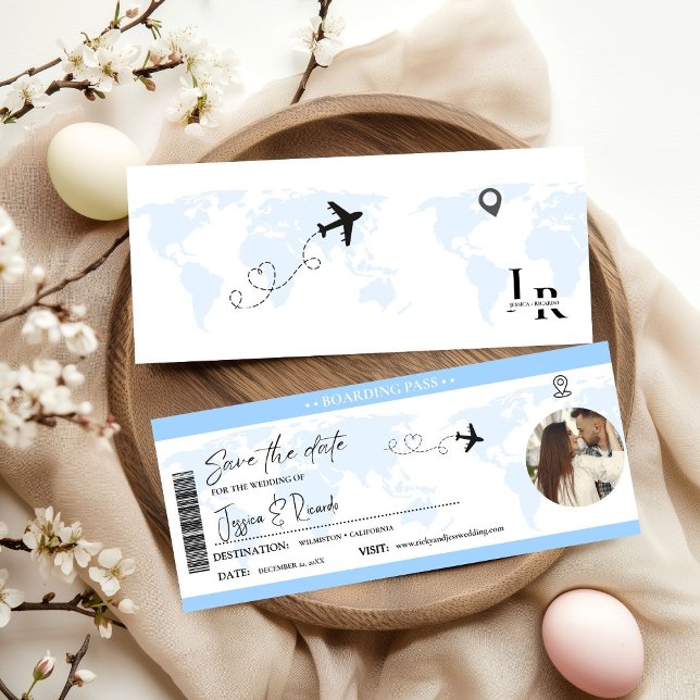 Dusty Blue Boarding Pass Hochzeit Save The Date (Von Creator hochgeladen)