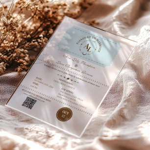 Dusty Blue Boarding Pass Kosmische Hochzeit Acryleinladungen