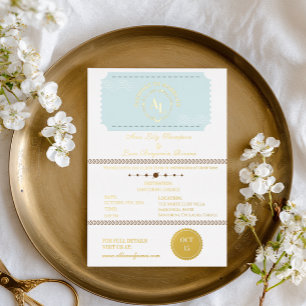 Dusty Blue Boarding Pass Kosmische Hochzeit Folieneinladung