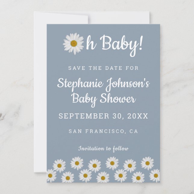 Dusty Blue Bohemisch Daisies Oh Baby Shower Save The Date (Vorderseite)