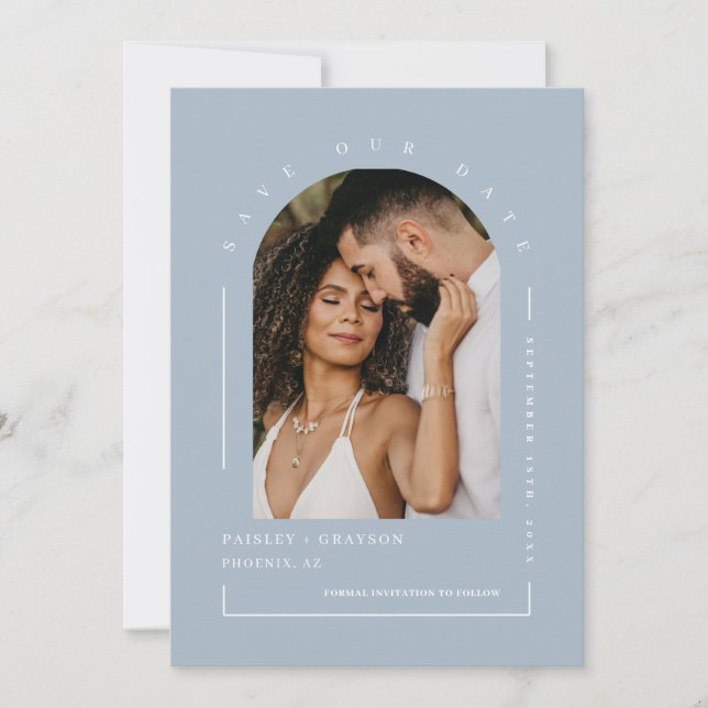 Dusty Blue Boho Arch Foto QR Code Rettete Unser Da Einladung (Vorderseite)