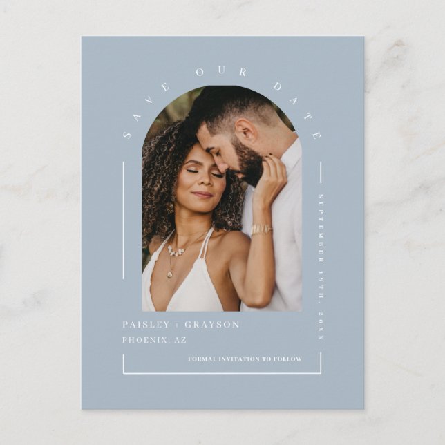 Dusty Blue Boho Arch Foto QR Code Rettete Unser Da Postkarte (Vorderseite)