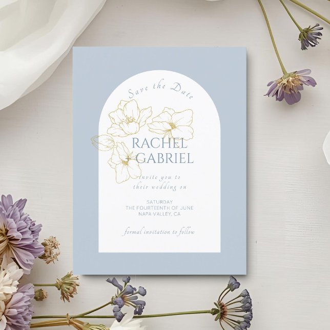 Dusty Blue | Boho Arch Gold Floral Wedding Save The Date (Von Creator hochgeladen)