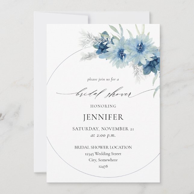 Dusty Blue Boho Blumenring Brautparty B Einladung (Vorderseite)