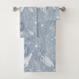 Dusty Blue Boho Federn Blume Paismuster Badhandtuch Set