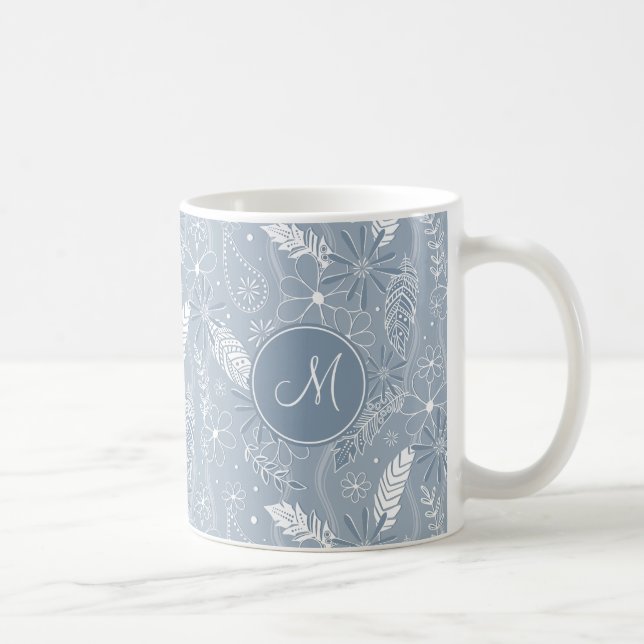 Dusty Blue Boho Federn Blume Paismuster Kaffeetasse (Rechts)