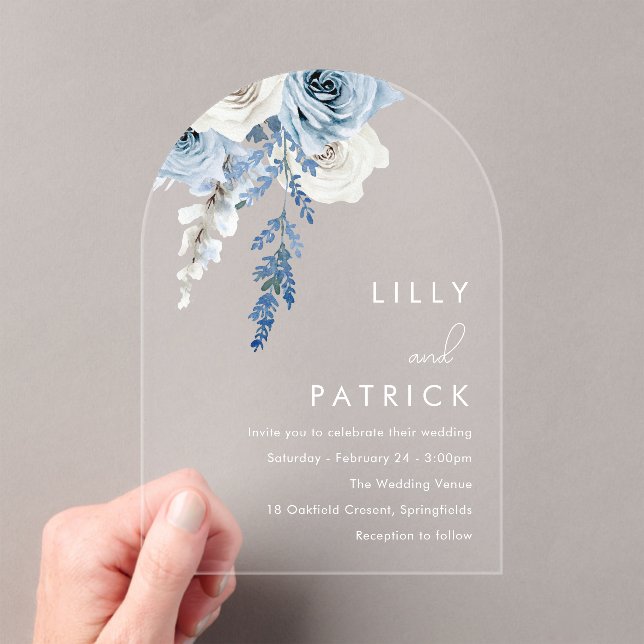 Dusty Blue Boho Floral Arch Wedding Acryleinladungen (Insitu (Handheld))