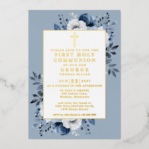 Dusty Blue Boho Floral First Holy Communion Gold Folieneinladung