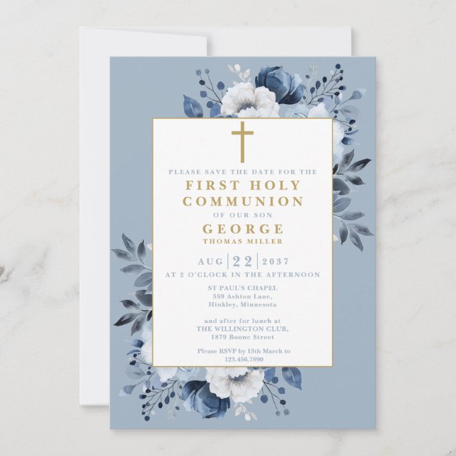 Dusty Blue Boho Floral First Holy Communion Save The Date (Vorderseite)