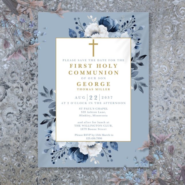 Dusty Blue Boho Floral First Holy Communion Save The Date (Dusty Blue Boho Floral First Holy Communion Save The Date)
