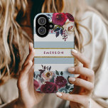 Dusty Blue Boho Floral Stripe Monogramm iPhone 16 Hülle<br><div class="desc">Benutzerdefinierte mit Monogramm Telefonfälle personalisiert mit Ihrem Namen oder anderen Texten. Dieses trendige Boho-Design zeichnet sich durch eine florale Wasserfarbe in rustikalen Herbstfarben auf einem staubigen blau-weiß gestreiften Hintergrund mit Imitaten goldenen Folienakzent aus. Verwenden Sie die Designtools, um eine beliebige Hintergrundfarbe auszuwählen, Textfarben und Schriftartes zu ändern oder eigene Fotos...</div>