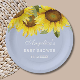Dusty Blue Boho Floral Sunflower Baby Girl Dusche Pappteller