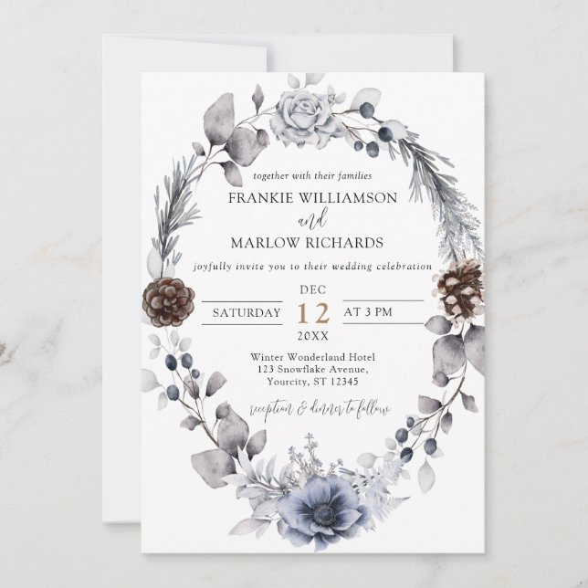 Dusty Blue Boho Floral Winter Wedding Einladung (Vorderseite)