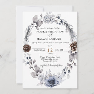 Dusty Blue Boho Floral Winter Wedding Einladung