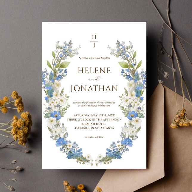 Dusty Blue Boho Garden Floral Elegante Hochzeit Einladung (Dusty Blue Boho Garden Floral Elegant Wedding Invitation)