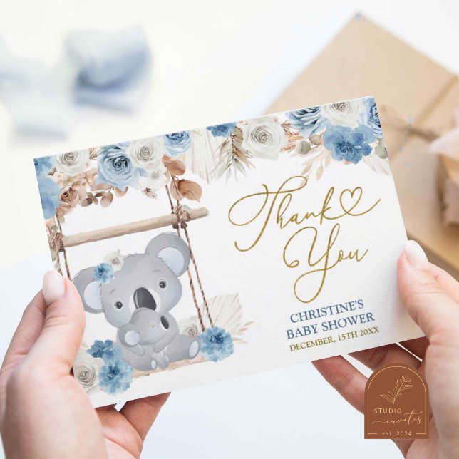 Dusty Blue Boho Koala Babydusche Dankeskarte (Von Creator hochgeladen)