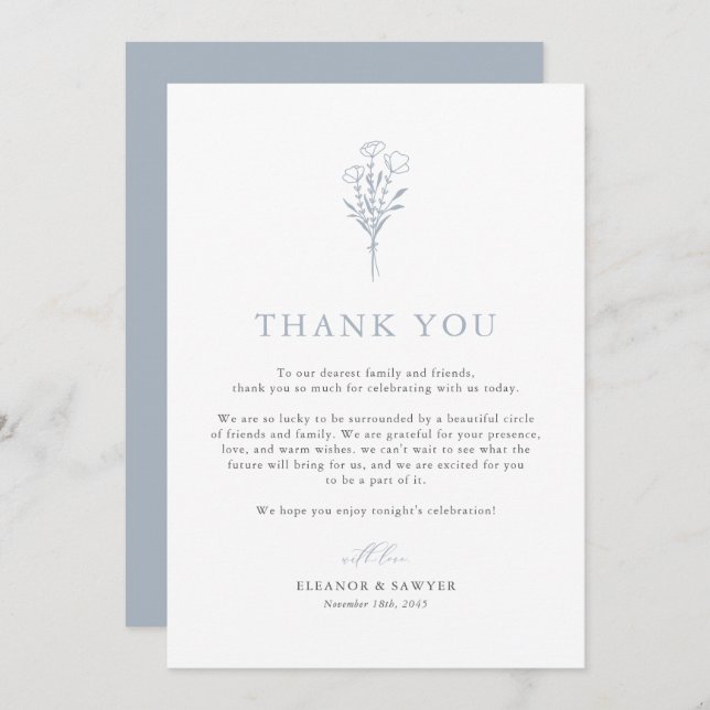 Dusty Blue Boho Minimalistisch Botanicals Wedding Dankeskarte (Vorne/Hinten)