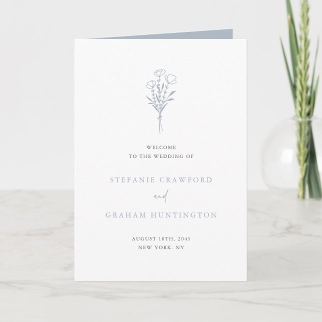 Dusty Blue Boho Minimalistisch Botanicals Wedding Programm (Vorderseite)