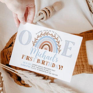 Dusty Blue Boho Rainbow Birthday Einladung