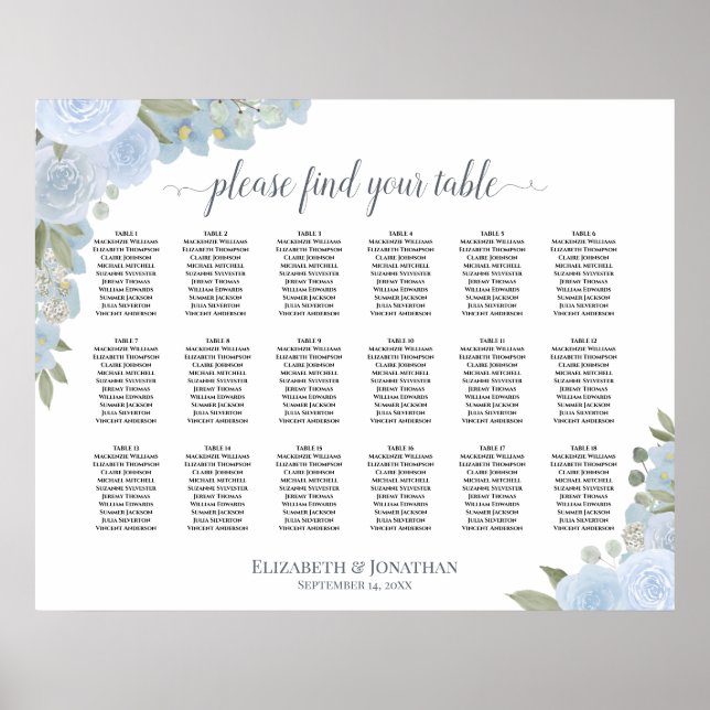 Dusty Blue Boho Rose 18 Tabelle Seating Chart Poster (Vorne)