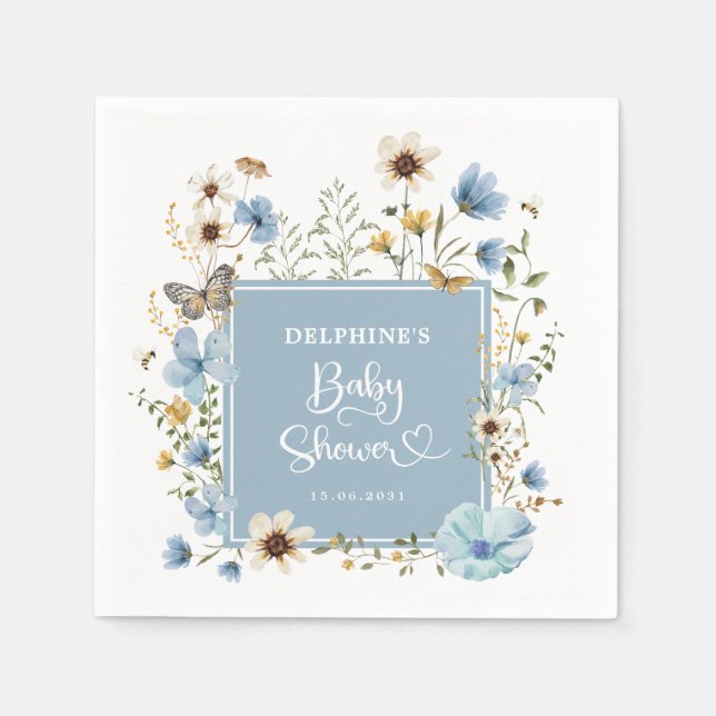 Dusty Blue Boho Wildblume Baby Boy Dusche Napkin Serviette (Vorderseite)