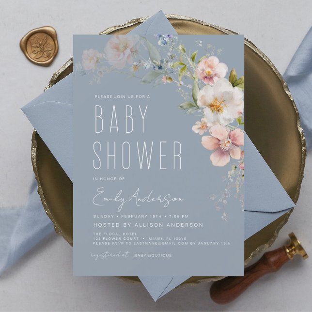 Dusty Blue Boho Wildblume Kinderdusche Einladung Flyer (Von Creator hochgeladen)