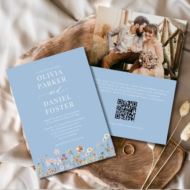 Dusty Blue Boho Wildblume QR Code Foto Wedding Einladung (Von Creator hochgeladen)