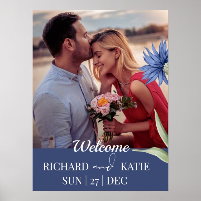 Dusty Blue Bold floral Stylischer QR Code Wedding Poster (Vorne)