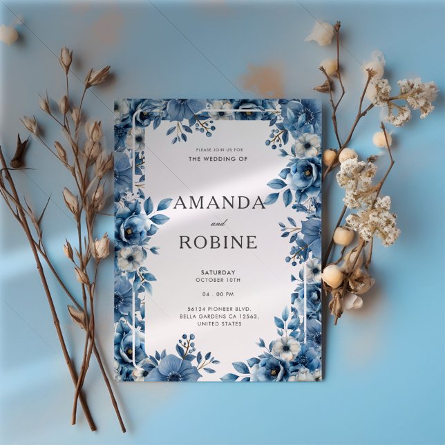 Dusty Blue Bold Floral Wedding Einladung (Von Creator hochgeladen)