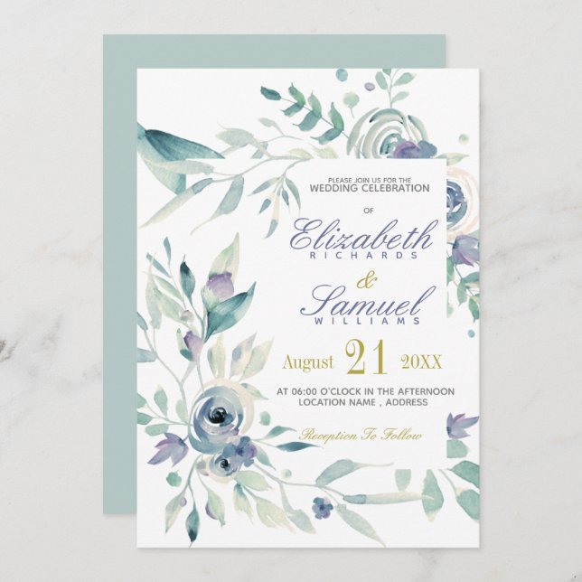 Dusty Blue Botanic Watercolor Elegante Hochzeit Einladung (Vorne/Hinten)