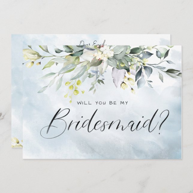 Dusty Blue Botanic Watercolor Script Bridesmaid Einladung (Vorne/Hinten)