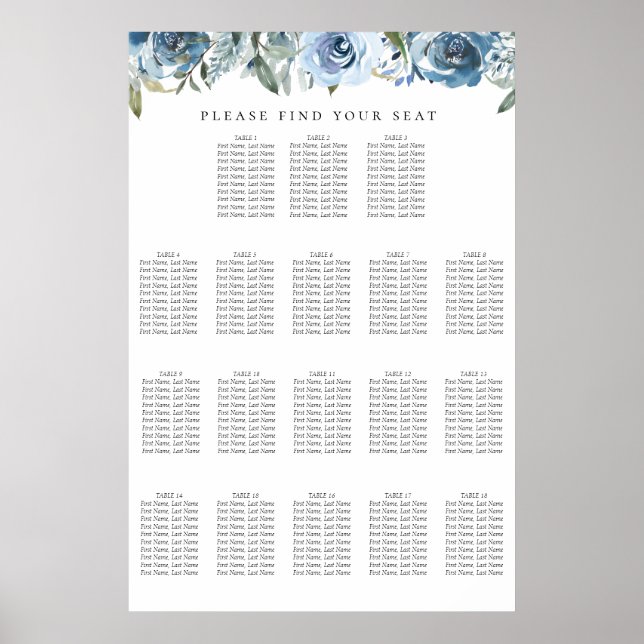 Dusty Blue Botanical 18 Table Seating Chart Poster (Vorne)
