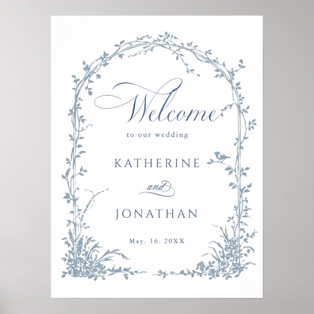 Dusty Blue Botanical Arch Garden Wedding Welcome  Poster (Vorne)