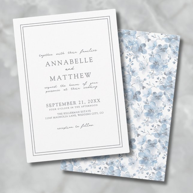 Dusty Blue Botanical Classic Hochzeit Einladung (Dusty Blue Botanical Classic Elegant Wedding Invitation)