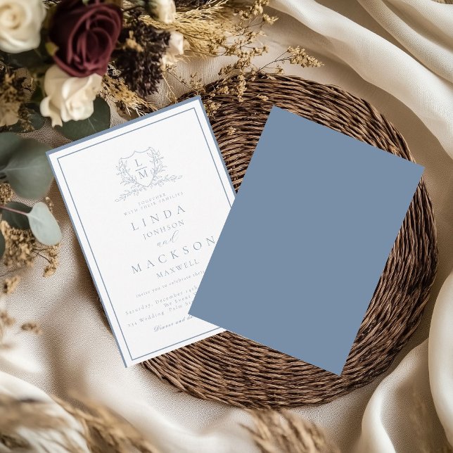 Dusty blue botanical crest monogram wedding einladung (Von Creator hochgeladen)
